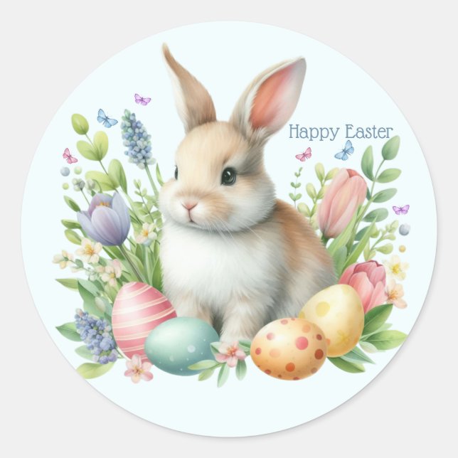 Sticker Rond Aquarelle Lapin de Pâques Personnalisé (Devant)