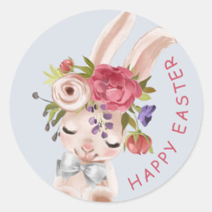 Sticker Rond Aquarelle Lapin Floral Lapin Mignonne Pâques Moder