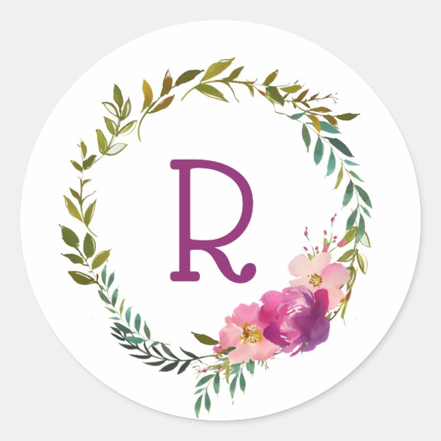 Sticker Rond Aquarelle Laurel et couronne de monogramme de fleu (Devant)