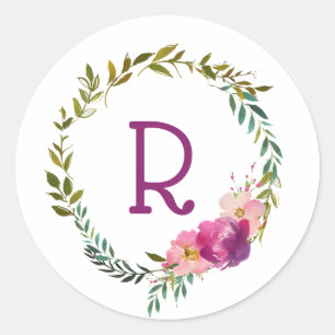 Sticker Rond Aquarelle Laurel et couronne de monogramme de fleu
