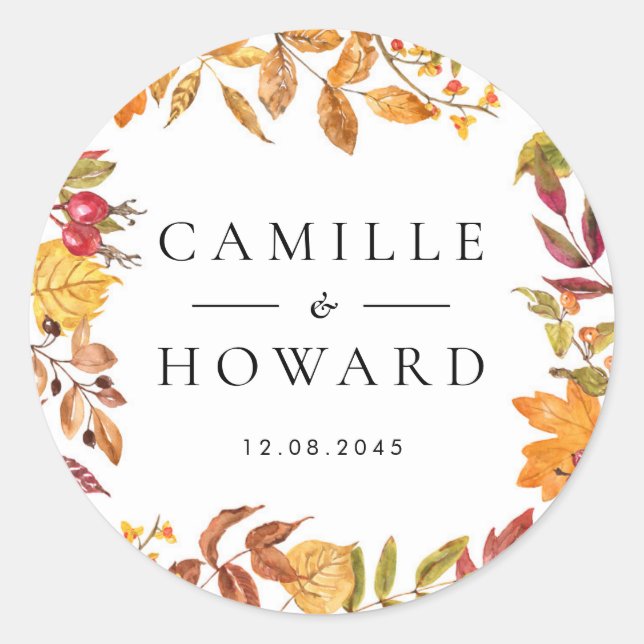 Sticker Rond Aquarelle L'automne laisse le Mariage de couronne (Devant)