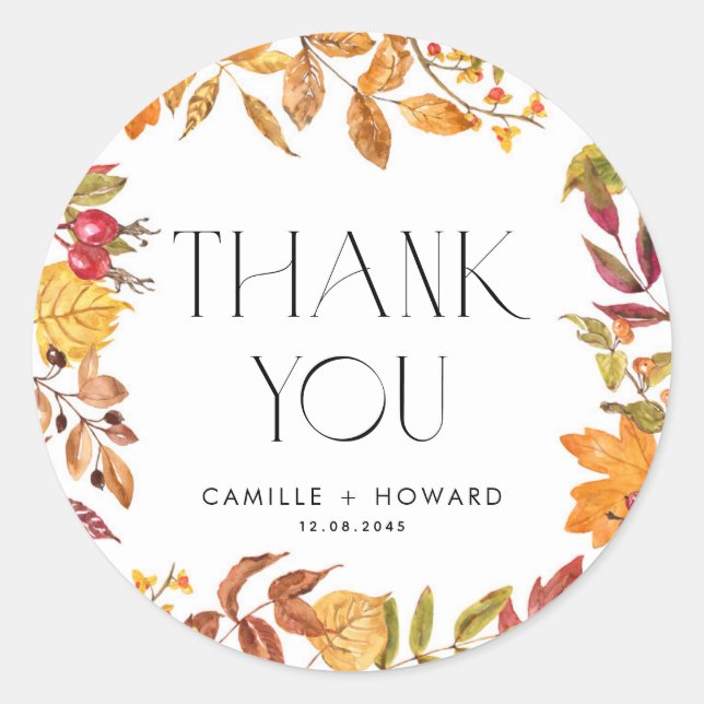 Sticker Rond Aquarelle L'automne laisse Merci Mariage de couron (Devant)