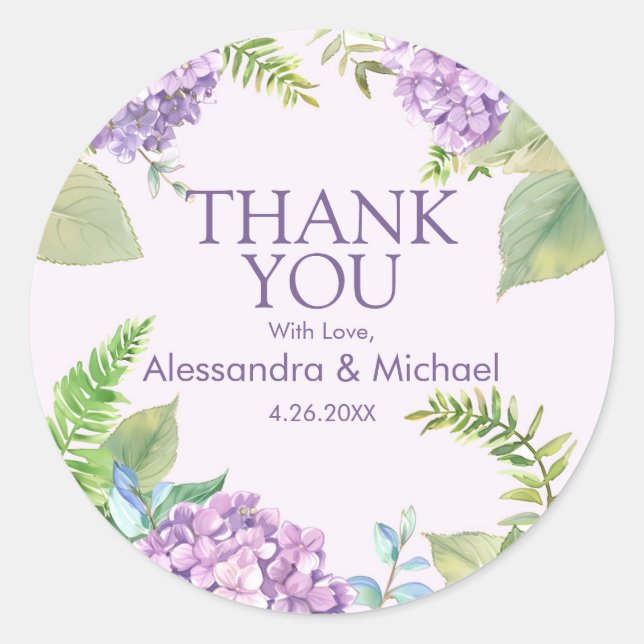 Sticker Rond Aquarelle Lavender Hydrangea Mariage Merci (Devant)