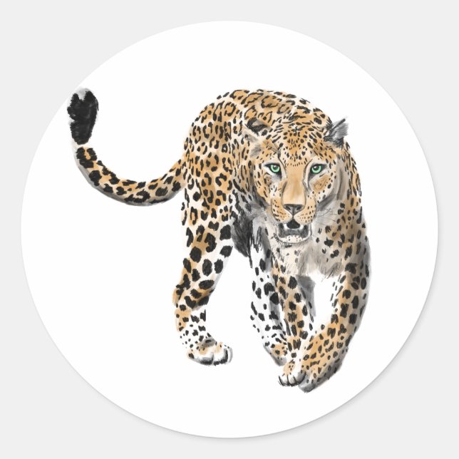 Sticker Rond aquarelle léopard jungle chat peint vert animal (Devant)