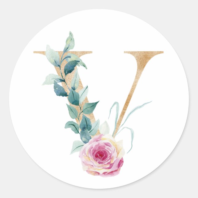 Sticker Rond Aquarelle lettre V avec rose. Personnaliser par aj (Devant)