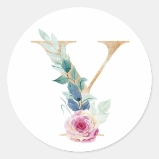 Sticker Rond Aquarelle lettre Y avec des roses