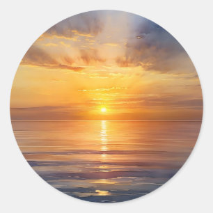 Sticker Rond Aquarelle Lever de soleil sur mer calme