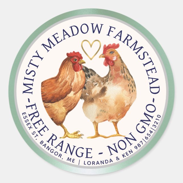 Sticker Rond Aquarelle Libre Gamme Poules Gold Coeur Oeuf Carto (Devant)