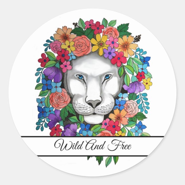 Sticker Rond Aquarelle Lion Et Fleurs Arc En Ciel (Devant)