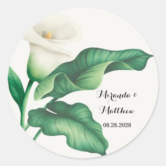 Sticker Rond Aquarelle Lit blanc avec Mariage de feuillage vert (Devant)