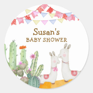 Sticker Rond Aquarelle Llama Desert Cactus Fiesta Baby shower