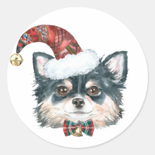 Sticker Rond Aquarelle Long Haired Chihuahua Père Noël Noël
