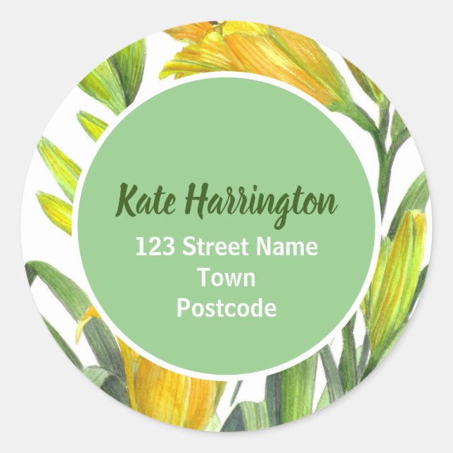 Sticker Rond Aquarelle Lumineuse Jaune Lys Cercle Adresse (Devant)