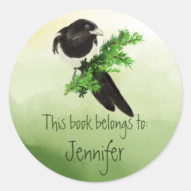 Sticker Rond Aquarelle Magpie Oiseaux Bibliothèque de la nature (Devant)