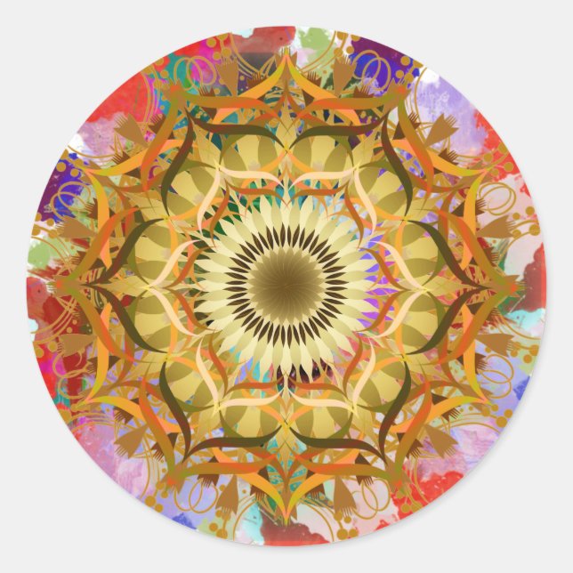 Sticker Rond Aquarelle Mandala Damask Lotus Flower Art (Devant)