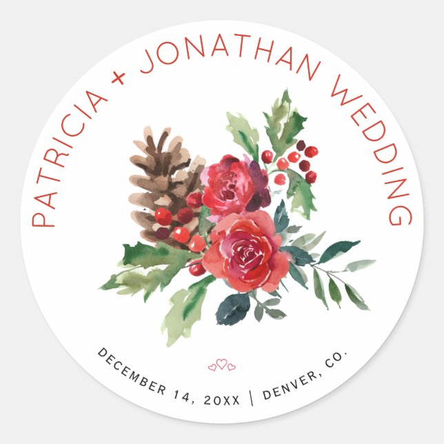 Sticker Rond Aquarelle mariage de Noël fleurie et baies (Devant)
