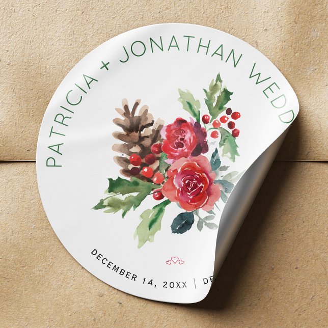 Sticker Rond Aquarelle mariage de Noël fleurie et baies (Créateur téléchargé)