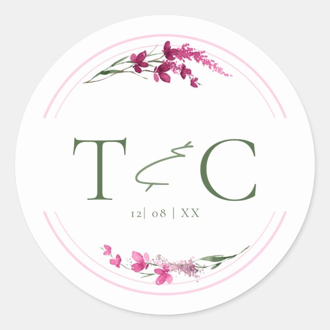 Sticker Rond Aquarelle Mariage fleur sauvage Initiales Fuchs ID (Devant)