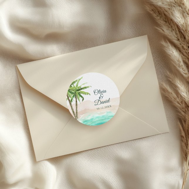 Sticker Rond Aquarelle Mariage Plage Sableuse Turquoise (Watercolor Turquoise Sandy Beach Wedding Classic Round Sticker on a wedding envelope.)