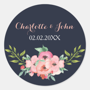 Sticker Rond Aquarelle Marine Blush Floral Mariage élégant