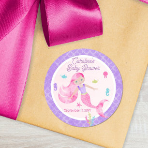 Sticker Rond Aquarelle mauve rose Baby shower Favoriser