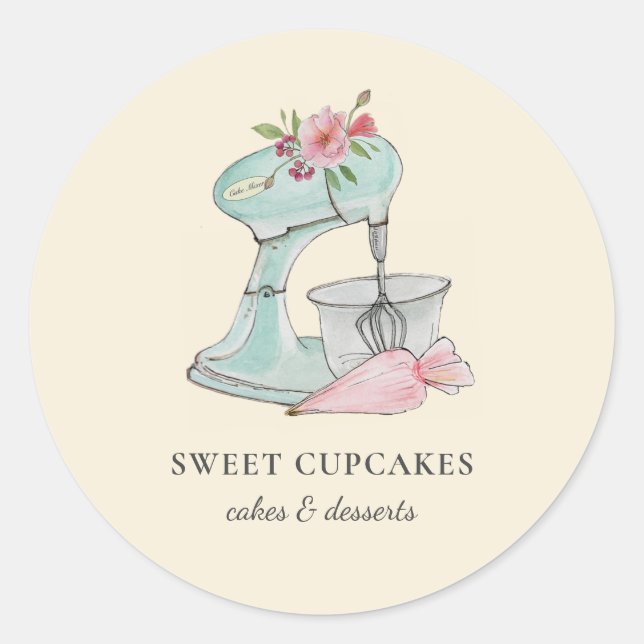 Sticker Rond Aquarelle Mélangeur de gâteau Boulangerie pêche (Devant)