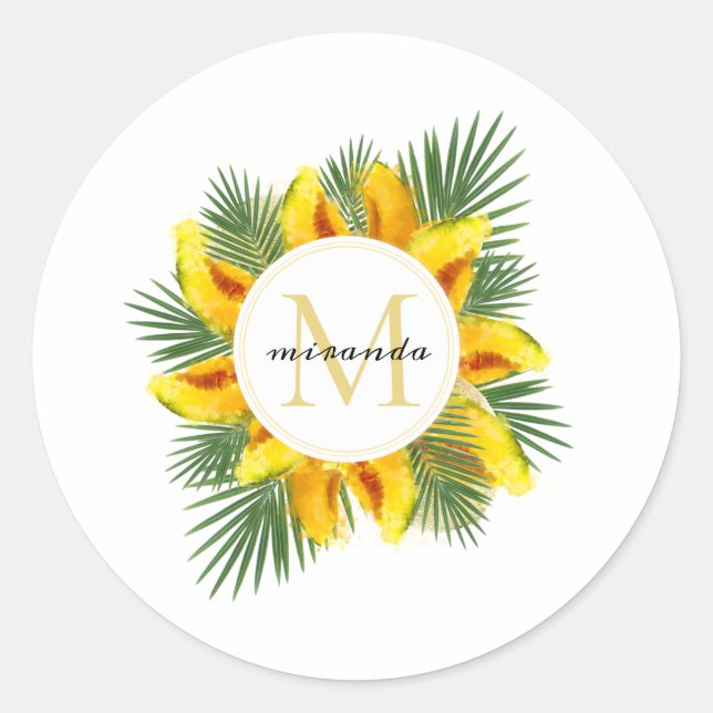 Sticker Rond Aquarelle Melon Feuille Tropical Wreath Monogramme (Devant)