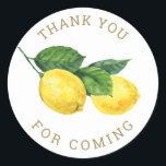 Sticker Rond Aquarelle Merci citron | Baby shower Citrus<br><div class="desc">Ajoutez une touche joyeuse à vos faveurs avec cet autocollant de remerciement citronnier, parfait pour les baby showers et autres célébrations joyeuses. Doté de citrons d'aquarelle et de feuilles verdoyants, ce design d'inspiration agrumes apporte un accent lumineux et accueillant à tout événement. Utilisez-le pour sceller des sacs, des boîtes ou...</div>