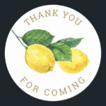 Sticker Rond Aquarelle Merci citron | Baby shower Citrus<br><div class="desc">Ajoutez une touche joyeuse à vos faveurs avec cet autocollant de remerciement citronnier, parfait pour les baby showers et autres célébrations joyeuses. Doté de citrons d'aquarelle et de feuilles verdoyants, ce design d'inspiration agrumes apporte un accent lumineux et accueillant à tout événement. Utilisez-le pour sceller des sacs, des boîtes ou...</div>