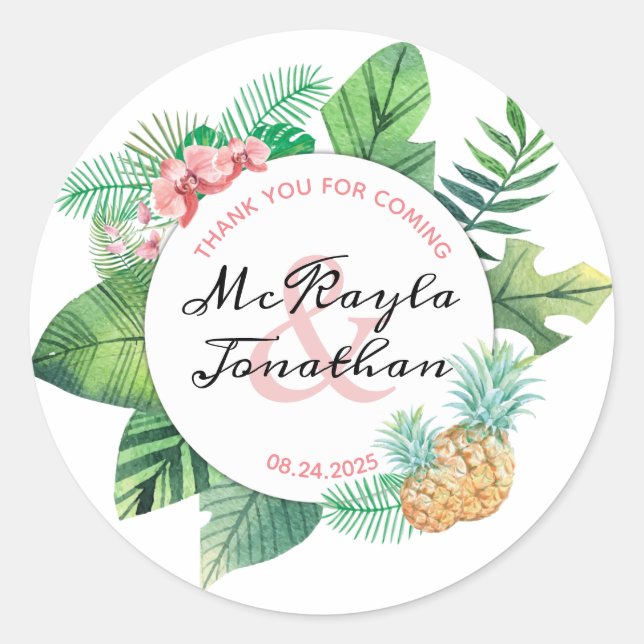 Sticker Rond Aquarelle Merci Mariage tropical pour venir (Devant)
