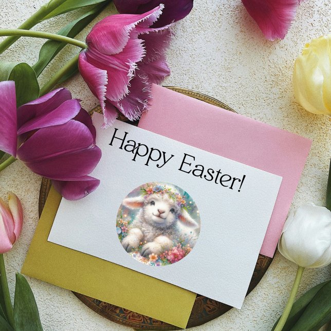 Sticker Rond Aquarelle mignonne Agneau à couronne florale Pâque (Créateur téléchargé)