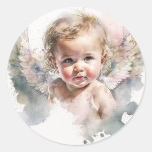 Sticker Rond Aquarelle mignonne Angel Baby Baptême