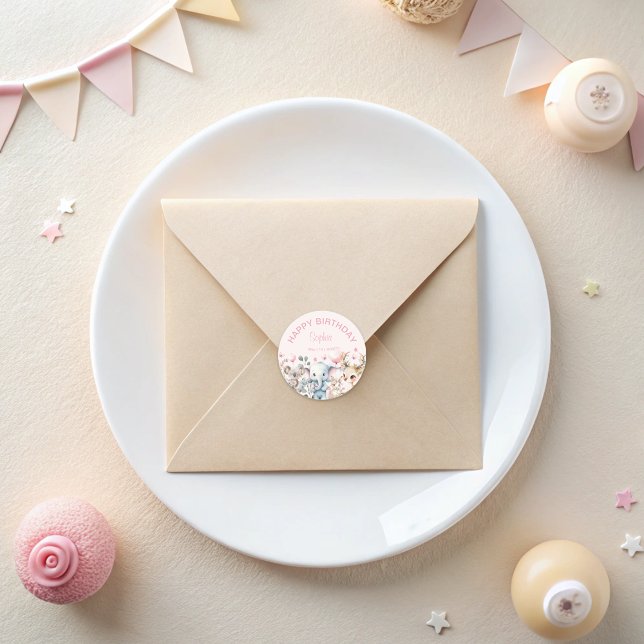 Sticker Rond Aquarelle mignonne Animaux sauvages Fille rose Ann (Créateur téléchargé)