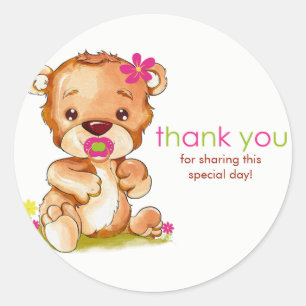 Sticker Rond Aquarelle mignonne bébé ours fille Merci