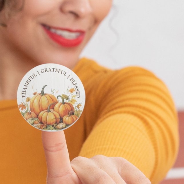 Sticker Rond Aquarelle mignonne Citrouilles Merci Grateful béni (Créateur téléchargé)