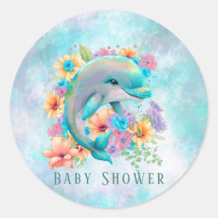 Sticker Rond Aquarelle mignonne Dauphin et Baby shower de fleur
