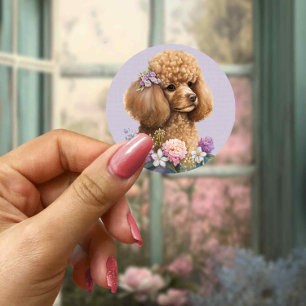 Sticker Rond Aquarelle mignonne de chien de caniche Floral pour