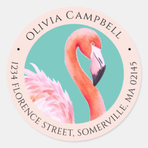 Sticker Rond Aquarelle mignonne Flamant rose rose Adresse Turqu