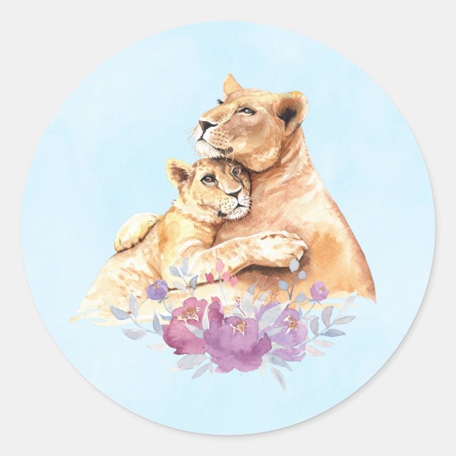 Sticker Rond Aquarelle mignonne Mère Lion & Cub (Devant)