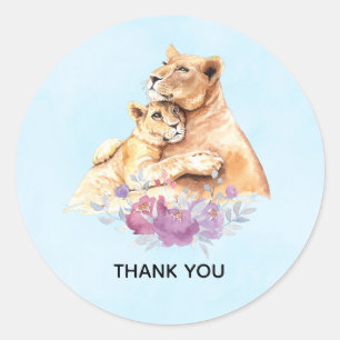 Sticker Rond Aquarelle mignonne Mère Lion & Merci Cub