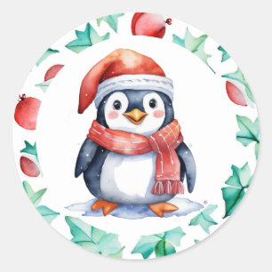 Sticker Rond Aquarelle mignonne Noël Pingouin vacances