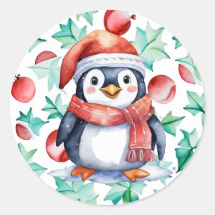 Sticker Rond Aquarelle mignonne Noël Pingouin vacances