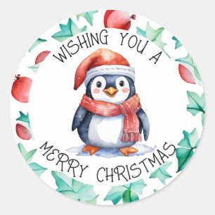 Sticker Rond Aquarelle mignonne Noël Pingouin vacances