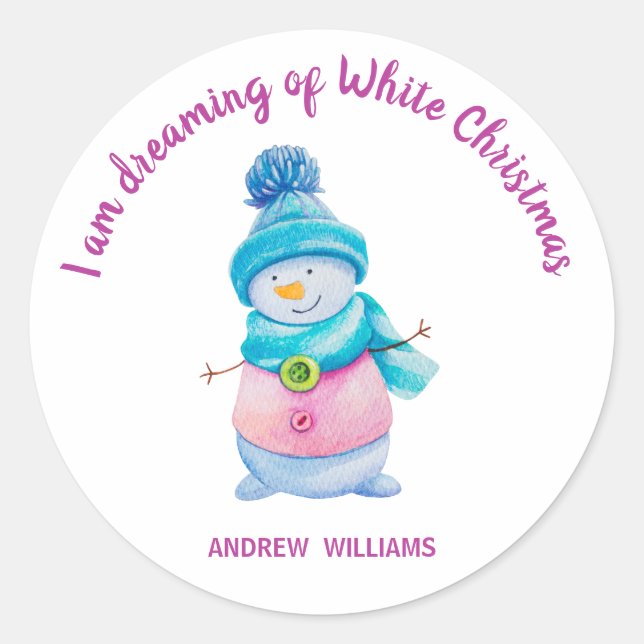 Sticker Rond Aquarelle mignonne Noël Snowman Nom personnalisé (Devant)