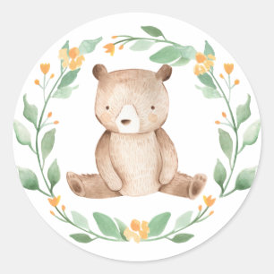Sticker Rond Aquarelle mignonne Ours Bébé Baby shower de bois