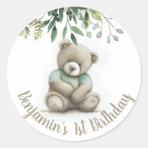 Sticker Rond Aquarelle mignonne Ours En Teddy Feuilles N'import