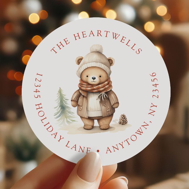 Sticker Rond Aquarelle mignonne Ours Noël Adresse de retour (Créateur téléchargé)
