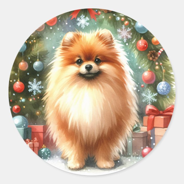 Sticker Rond Aquarelle mignonne Pomeranienne Noël festif (Devant)