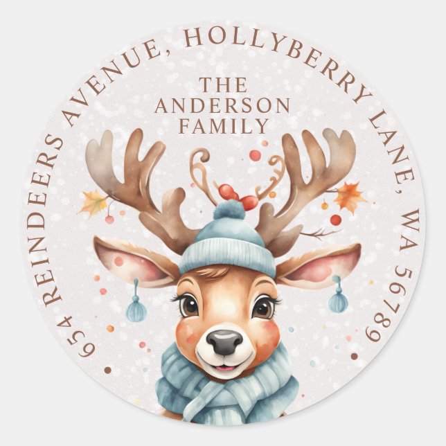 Sticker Rond Aquarelle mignonne Reindeer de Noël Adresse de ret (Devant)