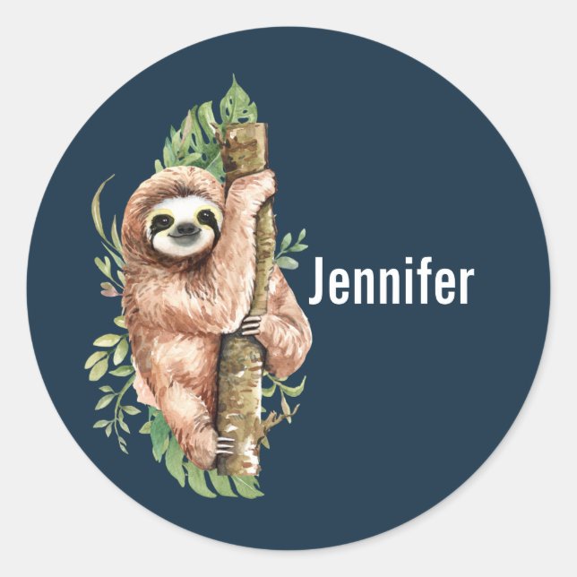 Sticker Rond Aquarelle mignonne Sloth & Feuilles tropicaux (Devant)